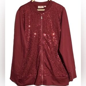 NWOT Quacker Factory Sequined Zip Track Jacket Wine Color Women Size Plus XXL 2X